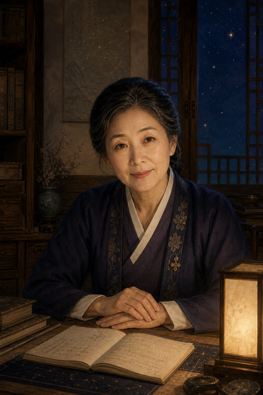 밤하늘의 명리 서재에서 방문자의 이야기를 듣는 결담 선생 삽화